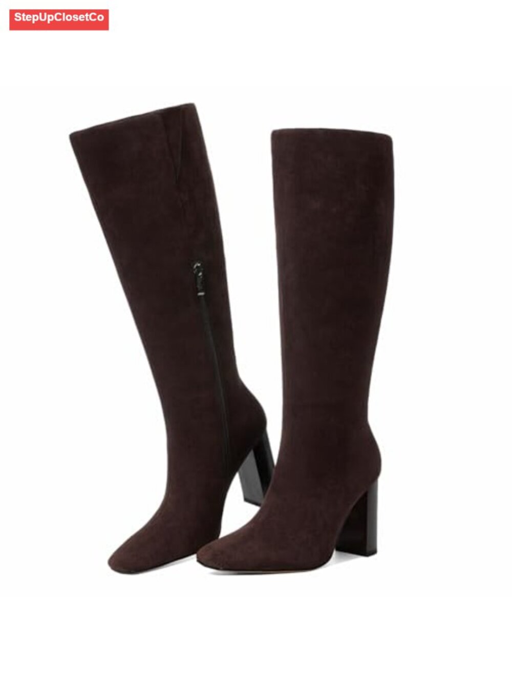 Wide Calf Knee High Boots Square Toe Chunky Block Heel Side Zip